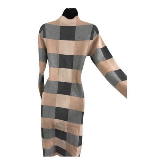 Charcoal grey tan beige checkered mock‎ neck sweater knit dress size large new - Picture 8 of 13